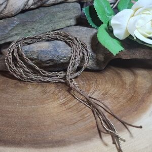 Unisex Boho Wrap Bracelet With Braided Gold Toned Ball Chain And Brown Cord